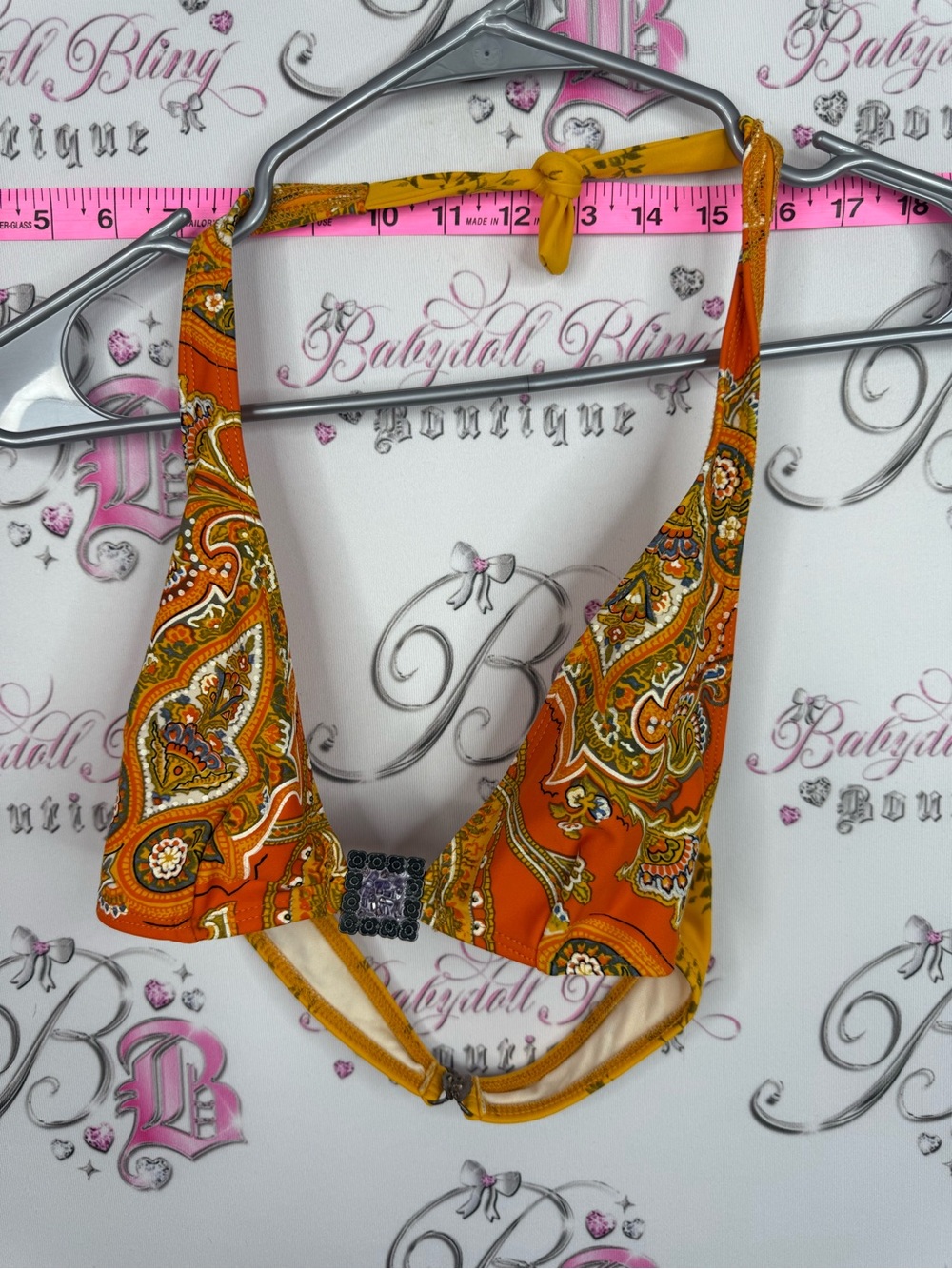 Bikini top metal charm y2k beach pool Orange Paisley Halter Bikini Top